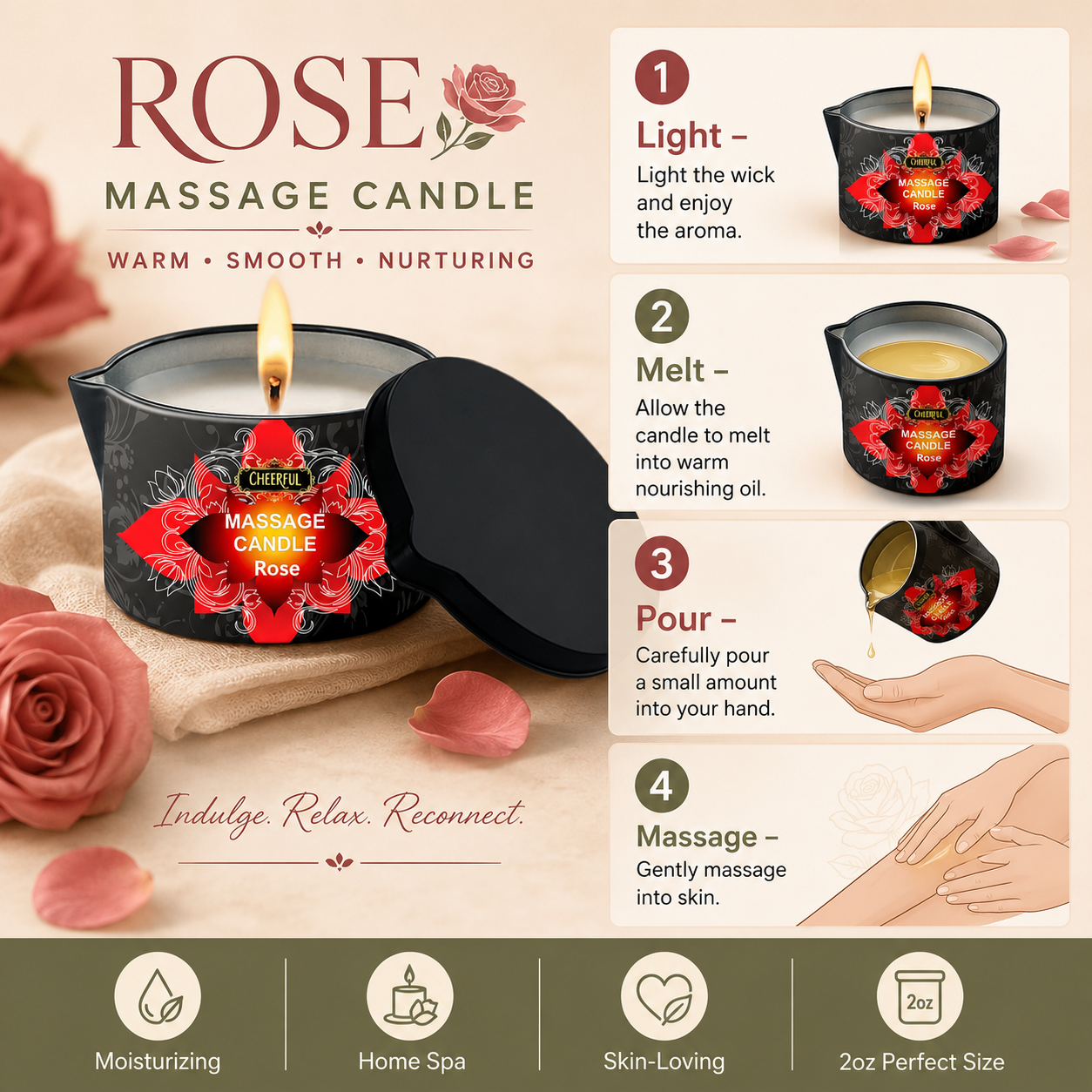 Massage Candle Melting - Rose Massage Oil Candle 2oz Body